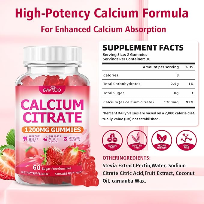 2 Packs High Absorption Calcium Citrate Gummies 1200mg - Bone & Teeth Support for Adults & Kids, Vegan Sugar-Free Gummies, Strawberry Flavor, 120 Count