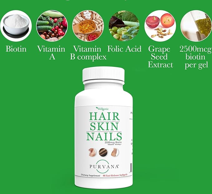 Wellgenix Purvana Hair Skin and Nails Supplement – 2500mcg Biotin Softgels with MSM & B-Complex – Daily Beauty Support for Stronger Nails & Hair Vitality – 90 Softgels