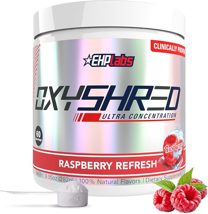EHP Labs OxyShred Pre Workout Powder - Preworkout Powder with L Glutamine & Acetyl L Carnitine, Energy Boost Drink - Raspberry Refresh, 60 Servings