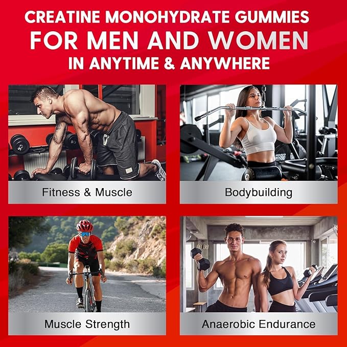 Creatine Monohydrate Gummies for Men & Women - Creatine Pre-Workout Gummies with Taurine & Vitamin B6 B12 for Maximum Strength, Muscle, Energy, Endurance & Focus, Organic, Vegan-60 Count