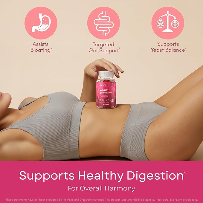 SOON+ Feminine Balance Gummies for Women, V-Sync Pineapple Probiotics for pH Balance Support * Vaginal, Urinary, Immune, Digestive Wellness * with Bacillus Coagulans, Cranberry, Vitamin C, 60 Gummies