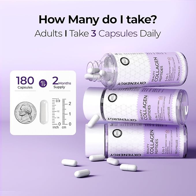 OxyEnergy Collagen Peptides Capsules for Women, 1100mg Hydrolyzed Collagen Tripeptides(Type III) Supplements with Biotin and Vitamin C, 180 Collagen Pills to Promotes Hair, Nail, Skin, 2 Months Supply