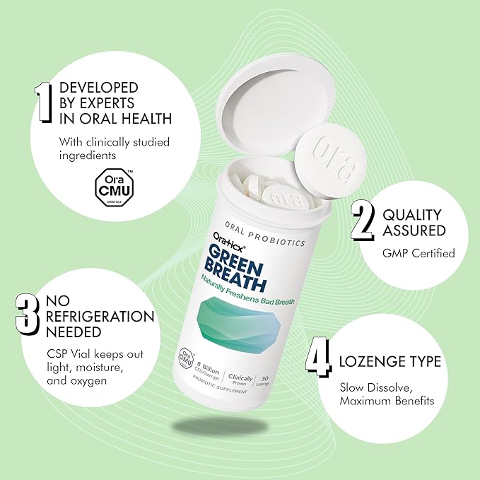 OraTicx Green Breath Oral Care Probiotics, Naturally Support Freshens Bad Breath & Healthy Mouth, Dental Probiotic Supplement 8 Billion CFU, Mint Flavor 30 Lozenges 1-PK