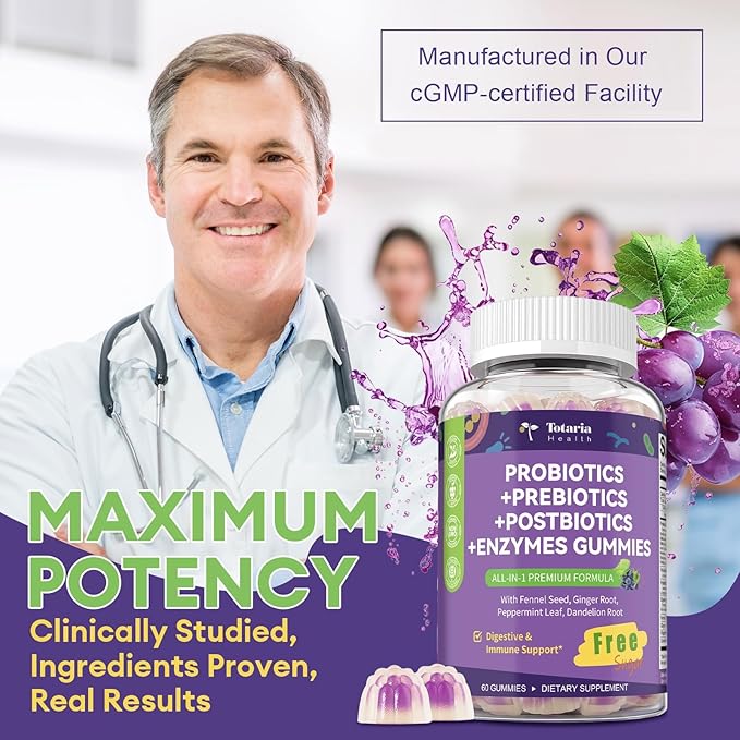 Totaria 2 PCS Sugar Free 5-in-1 Probiotic Prebiotic Postbiotic Gummy, 36 Strains Probiotics for Women Men with Digestive Enzymes, Peppermint, Complete Immune, Gut & Digestive Support, Grape Flavor