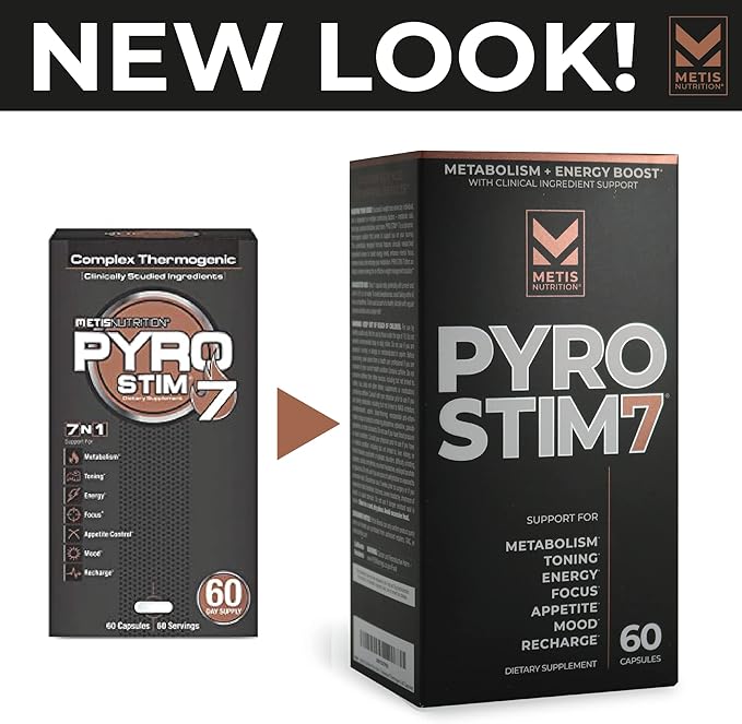 METISNutrition Pyro Stim 7 Metabolism Booster Fat Loss Support Energy Boost - Once-A-Day Thermogenic with Teacrine for Focus, Appetite Control, Muscle Toning, and Mood Control (60 Capsules)