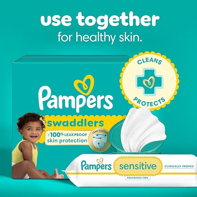 Pampers Sensitive Baby Wipes, Water Based, Hypoallergenic and Unscented, 18 Flip-Top Packs (1008 Wipes Total) [Packaging May Vary]