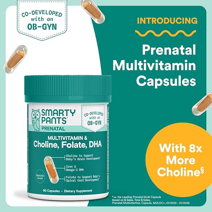 SmartyPants Women’s Prenatal Multivitamin Capsules, OB‑GYN Co‑Developed Prenatal Vitamins with Choline, Folate, Omega 3 DHA, & Iron for Baby’s Development, Gentle on Stomach, 60 Count (30 Day Supply)