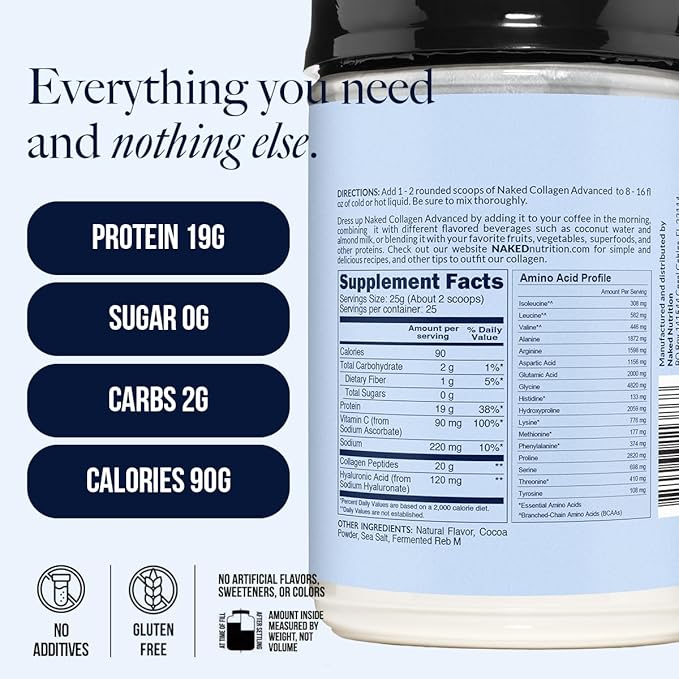 NAKED Chocolate Collagen Advanced - Peptides Protein Powder, Hyaluronic Acid, Vitamin C, Pasture-Raised, Grass-Fed Hydrolyzed Collagen Supplement, Paleo Friendly, Non-GMO, Keto, Gluten Free, 1.3LB