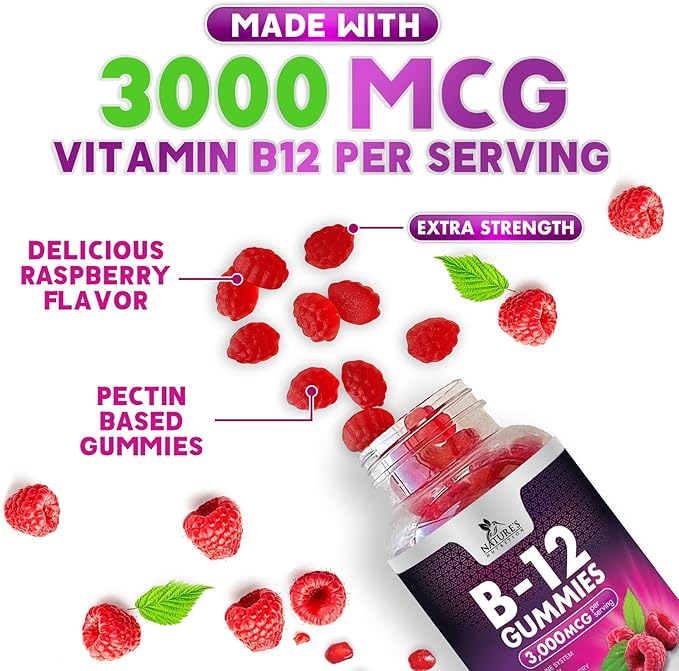 Vitamin B12 Energy Gummies - 3000 mcg per Serving Extra Strength B 12 Gummy for Metabolism & Immune System Support - Chewable Dietary B12 Supplements, Caffeine Free Gummy Vitamin - 60 Gummies