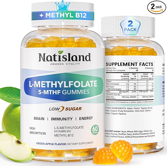 L Methylfolate Gummies, 5-MTHF Gummies for Kids & Adults, Methyl Folate and B12 Supplement, Highly Absorbable MTHFR Supplement, Support Brain Health, Immunity, Kids Growth, 120 CT