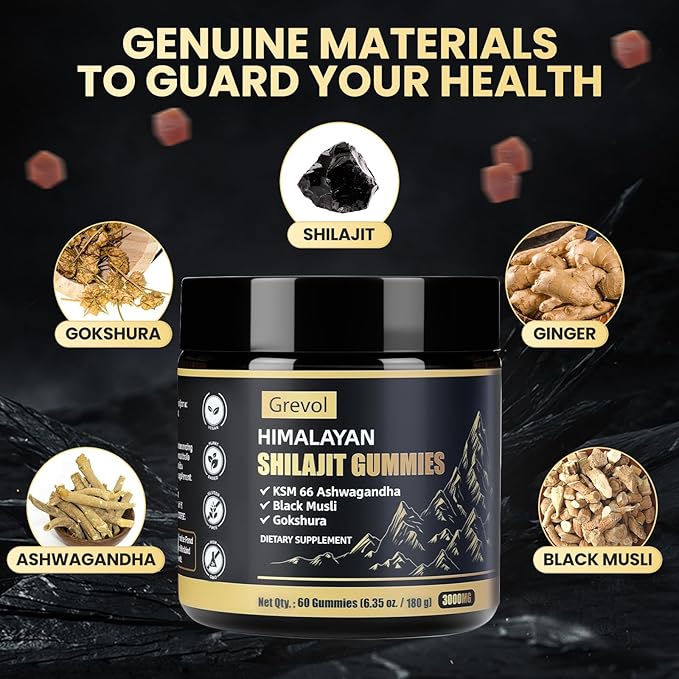 Grevol Himalayan Shilajit Gummies with Ashwagandha - Fulvic Acid & 85+ Trace Minerals - No Added Sugar - Shilajit for Men & Women - 60 Gummy