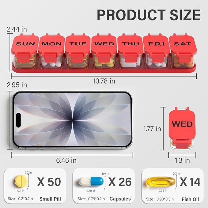 Extra Large Weekly Pill Organizer - Waterproof 7-Day Pill Box, Portable Vitamin & Supplement Case, Easy to Open Design, Ideal for Travel a nd Daily Medication Management (Red)