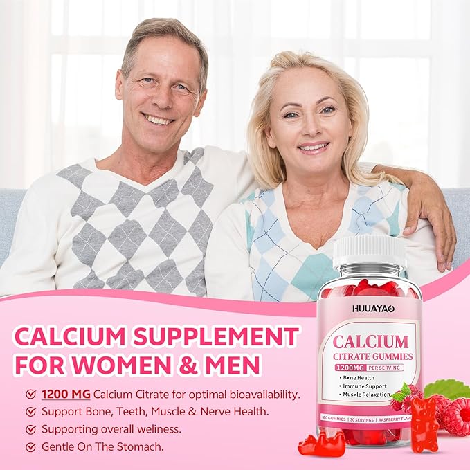 Calcium Citrate Gummies 1200mg for Adults & Kids, Chewable Calcium Citrate for Bone, Muscle & Immune Support, Bioavailable Calcium Supplements for Women & Men, Raspberry Flavor, 60 Count