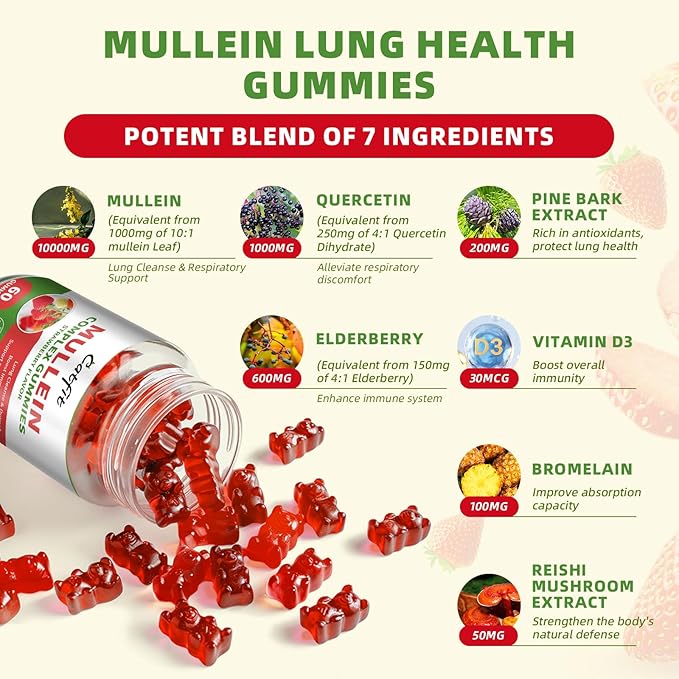 Catfit Mullein Gummies for Lungs Detox &Lymphatic Drainage,Mullein Leaf Extract,Quercetin&Elderberry for Respiratory & Immune Support,Vegan, Strawberry Flavor, 120 Gummies