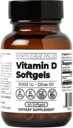 Santa Cruz Paleo Vitamin D3 5000 IU Softgels, Daily Supplement with Olive Oil for Men and Women, Formulated for Absorption, Supports Bone Health, Gluten Free, Sugar Free, Paleo, Keto, 60 Count