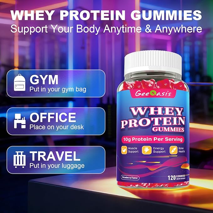 Whey Protein Gummies 10g, Protein Chewables Supplements for Women & Men, Muscle & Energy Support, Bone Health, Strawberry Flavor, 120 Count
