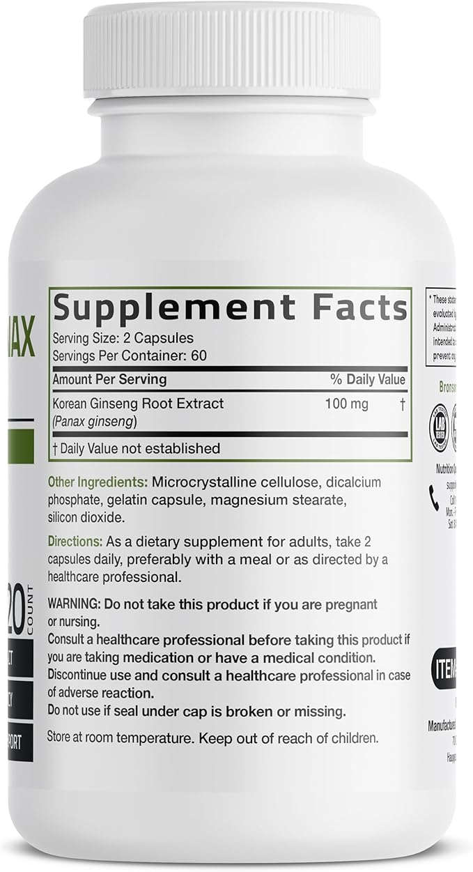 Bronson Korean Panax Ginseng Supports Energy, Endurance & Vitality + Memory and Mental Performance, 120 Capsules