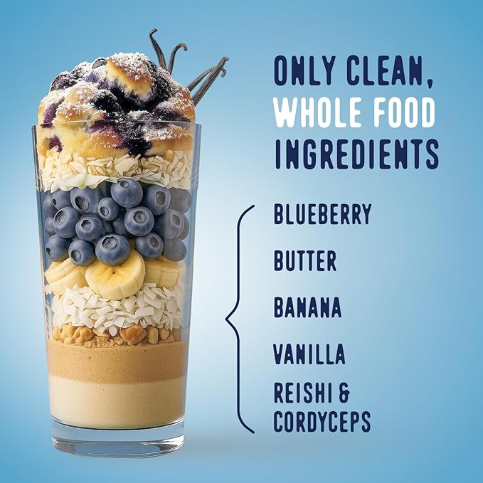 FlavCity All in One Protein Shake Powder, Blueberry Muffin - On the Go Meal Alternative + Collagen Peptides, Reishi & Cordyceps - Focus, Skin, Hair & Joint Support - 100% Grass Fed Whey, 20 Servings