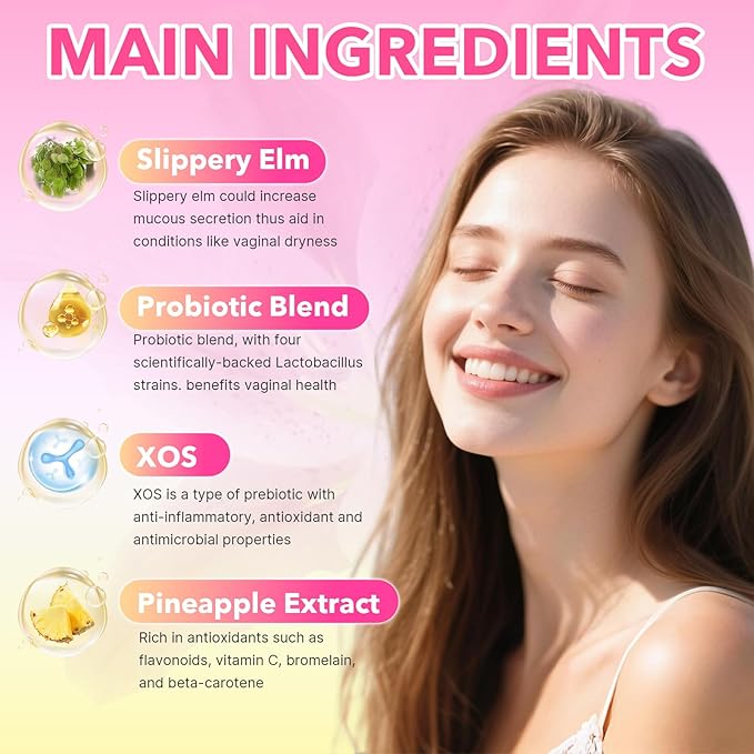 Her Juicy Feminine Probiotics Gummies - Women's Probiotic Slippery Elm Gummies Support pH Balance, Gut Health & Immune System, Sugar-Free, Pineapple Flavor, 60 Count