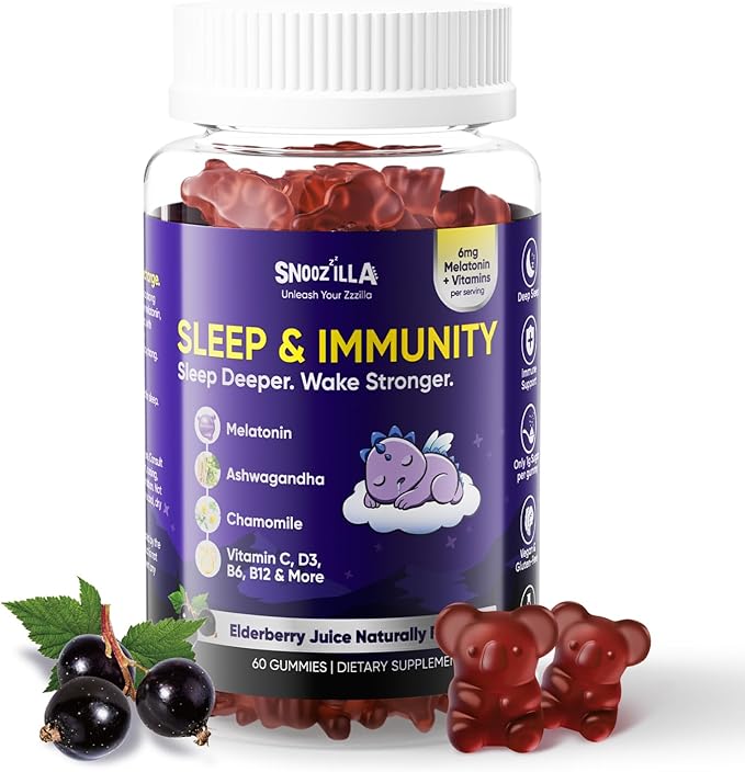 Sleep Gummies for Adults with Melatonin + Chamomile & Ashwagandha | Elderberry + Vitamins C, D3, B6, B12 & Folate | Vegan, Gluten-Free | 60 Gummies (30 Servings)
