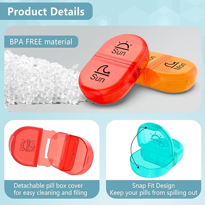 Serfeymi Weekly Pill Organizer 2 Times a Day Travel Medicine Pill Organizer AM PM Pill Box 7 Day with Protection Pill Case Daily Medication Organizer For Vitamins, Fish Oil-Black Case+Rainbow Pill box