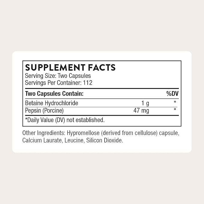 THORNE - Betaine HCL & Pepsin - Digestive Enzyme & Hydrochloric Acid Supplement for Protein Digestion & Occasional Gas or Bloating Relief* - Third-Party Certified - Gluten & Dairy-Free - 225 Capsules