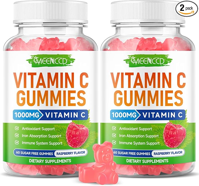 MEENCCD 2 Pack Vitamin C Gummies for Adults, Chewable Vitamin C Gummies with Zinc for Antioxidant Support, Vegan, Non-GMO, Sugar-Free, Raspberry Flavor, 120 Count