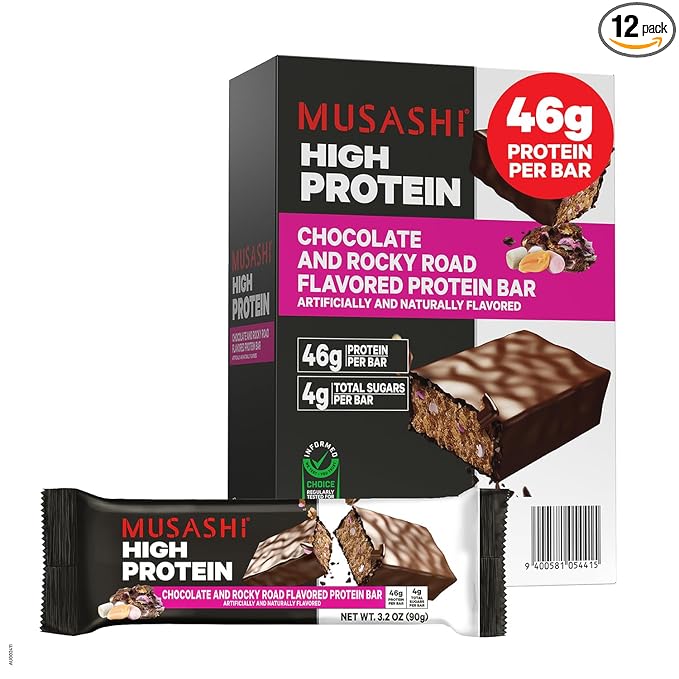 MUSASHI High Protein Bar, 45g Protein, 2g Total Sugars, Rocky Road, Post Workout and Protein Snack On The Go, 12 Pack of 3.2oz (90g) Bars