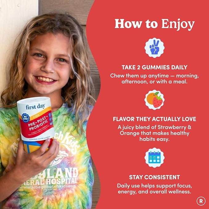 FIRST DAY Kids Probiotic Gummies - 3 in 1 Probiotics for Kids + Prebiotic & Postbiotic - Prebiotics & Probiotics for Digestive Health & Immune Support – Vegan, Gluten Free, 30-Day Supply