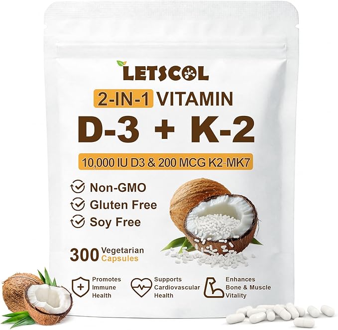 2-in-1 Vitamin D3 K2 Supplement Capsules, Vitamin D3 10000 IU and Vitamin K2 200 mcg, K2 MK7 with D3 Vitamin Supplement Support Immune, Heart, Joint, Teeth & Bone Health
