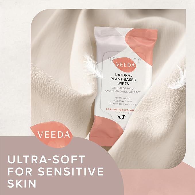 Veeda Plant-Based Feminine Wipes – pH-Balanced, Hypoallergenic & Biodegradable Wipes for Sensitive Skin, Fragrance-Free Travel Sized Wipes – 120 Count