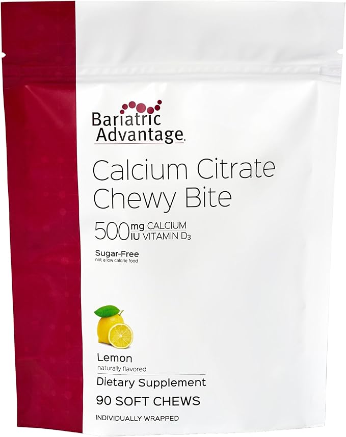 Bariatric Advantage Calcium Citrate Chewy Bites 500 mg - Highly Absorbable & Digestible - Vitamin D3 - Easily Chewable Calcium Supplement - Lemon Flavor - 90 Count