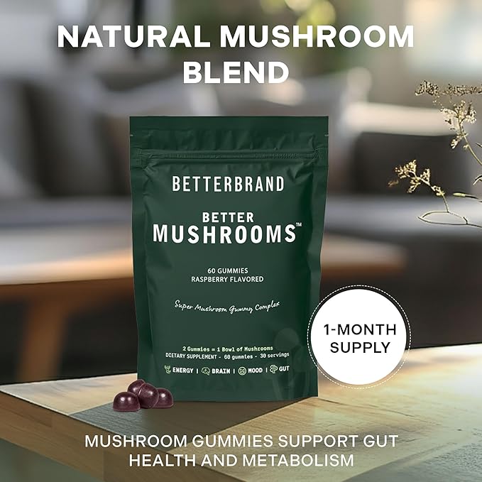 Betterbrand BetterMushrooms Nootropic Gummies - Supports Better Gut Health, Cognitive Function, Mental Clarity with 10 Functional Mushrooms - 60 Gummies - Raspberry Flavor - Pack of 2
