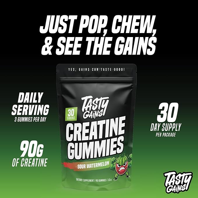 TASTY GAINS Creatine Gummies, 90g of Creatine, Non-GMO, Vegan - Build Muscle & Boost Strength for Men & Women (1g Creatine Monohydrate Per Gummy) Made in USA (90, Sour Watermelon)