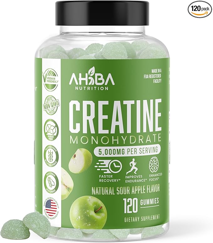 Creatine Monohydrate Gummies 5g per Serving, chewable, Vegan, Non-GMO, Sugar-Free, Soy-Free, Gluten-Free, Men & Women,More Strength & Recovery- Sour Apple Flavor, Made in USA