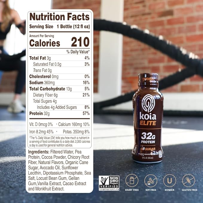 Koia Elite Plant Based Protein Shake, Chocolate, 32g Protein, 4g Sugar, 6g Prebiotic Fiber, Pre & Post Workout Nutritional Drink, No Seed Oils, Dairy-Free, Gluten-Free, Non-GMO, 12 Fl Oz (Pack of 12)