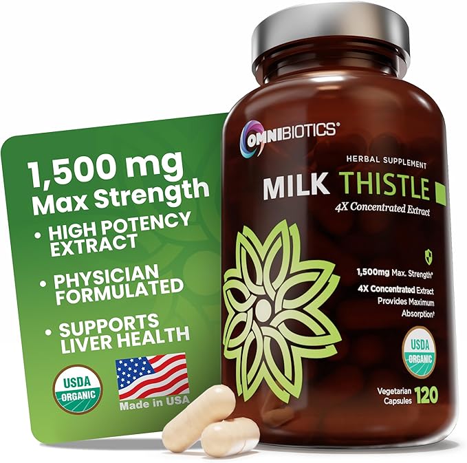 OmniBiotics Organic Milk Thistle Supplement 1500mg – 4X Concentrated Extract with Silymarin – High Potency Liver Detox & Support – 120 Vegan Capsules