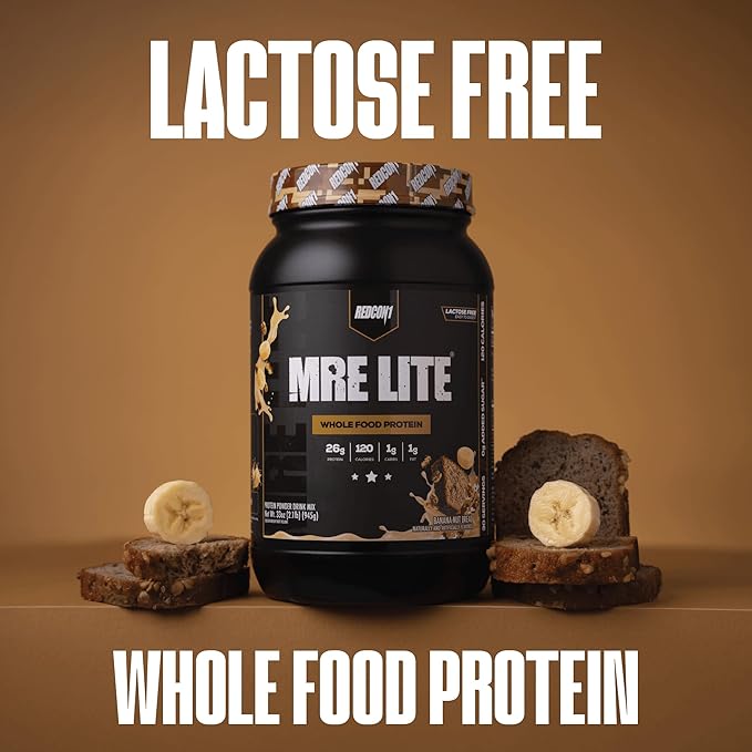 REDCON1 MRE LITE Whole Food Protein Powder, Banana Nut Bread - Lactose Free & Sugar Free Meal Replacement with Animal Protein Blends - Easy to Digest Formula - Only 1g Carb per Serving (30 Servings)