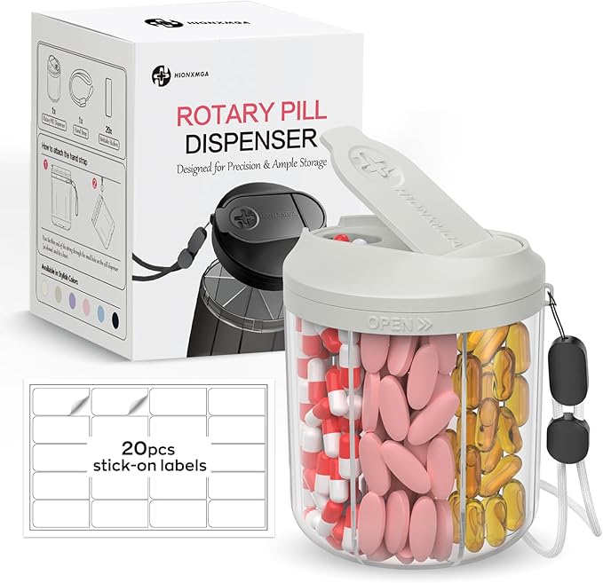 HIONXMGA Pill Dispenser with 7 Large Compartments, Pill Bottle Organizer for Travel, Supplement Organizer with Anti-Mixing Design, BPA-Free Pill Container with 20 Pcs Labels, Grey