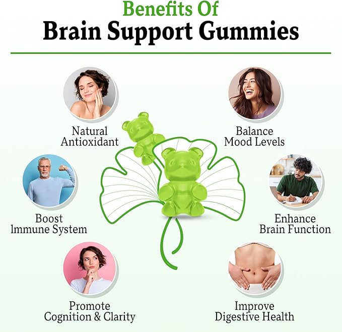 2 Pack Ginkgo Biloba Gummies 240MG with Panax Ginseng for Better Mood and Focus, Booster Brain Health, 120 Vegan Apple Flavor Gummies