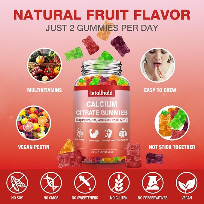 Calcium Citrate Gummies - 1200mg Calcium Gummies with Magnesium Zinc Vitamin D3,K2, B6, B12 for Bone, Muscle, Joints, Immune Support, High Absorption Calcium Supplements for Women & Men 2 Packs