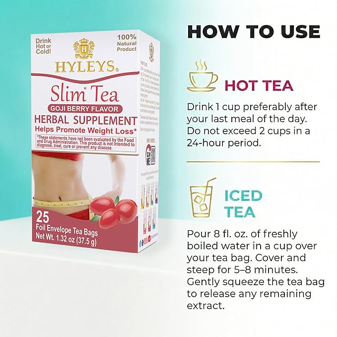 HYLEYS Slim Tea Goji Berry Flavor - Weight Loss Herbal Supplement Cleanse and Detox - 25 Tea Bags (1 Pack)