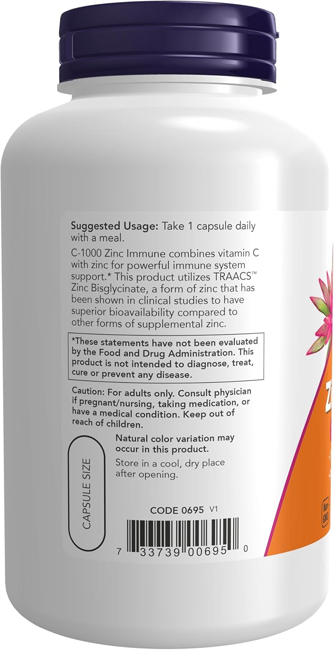 NOW Foods Supplements, C-1000 & Zinc Immune, Seasonal Support Formula*, Antioxidant Protection*, 180 Veg Capsules