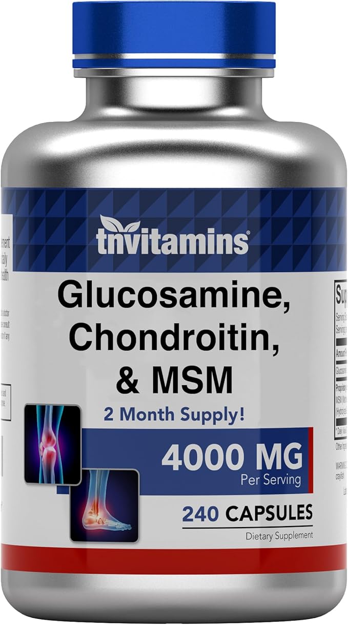 tnvitamins Glucosamine Chondroitin MSM Capsules, 240 Count | 4,000 mg Per Serving | 2,000 mg Glucosamine Sulfate 2KCl + 2,000 mg MSM & Chondroitin Blend | Joint Support Supplement