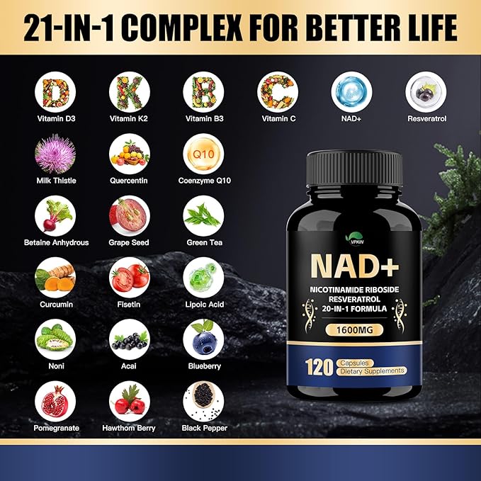 NAD Supplement,1500mg NAD+ Supplement with Resveratrol,Nicotinamide,Quercetin,CoQ10,Support Energy & Repair, Vitality,Non-GMO, No Fillers(110 Capsules)