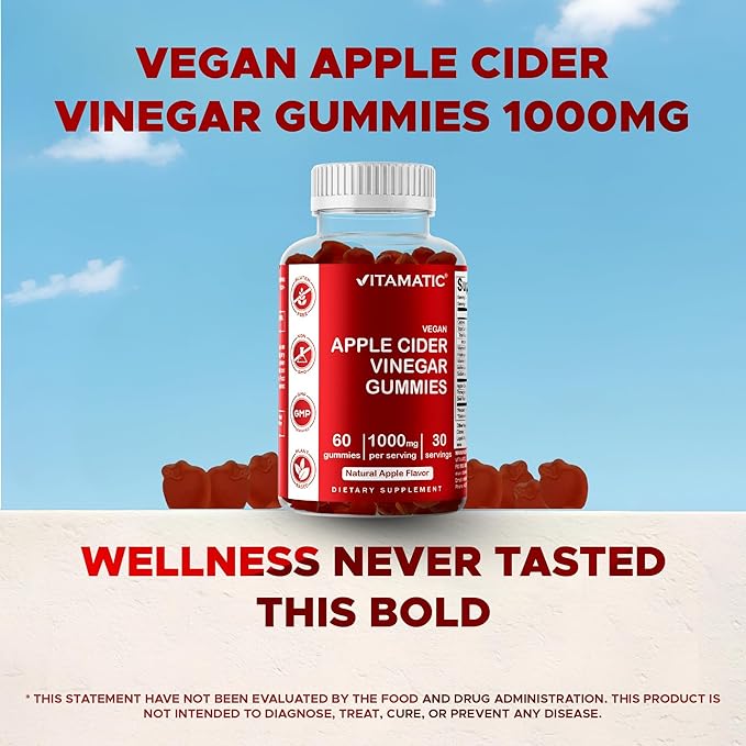 Vitamatic Apple Cider Vinegar Gummies - 1000mg per Serving - 60 Vegan Gummies - ACV Gummies for Detox, Weight Loss Support, Energy Boost, Digestion & Gut Health