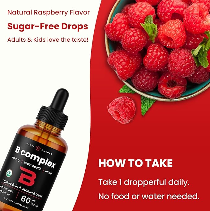 USDA Organic Vitamin B Complex Liquid Drops Sublingual B12 Methycobalamin | B1, B2, B3, B5, B6, B7, B9 | Methylated B Vitamins Complex for Women & Men | Biotin, Niacinamide, Folate & Folic Acid, 2oz