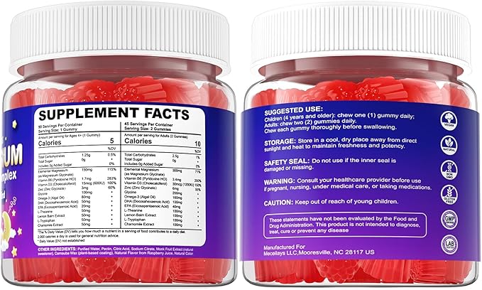Magnesium Glycinate Gummies for Kids 4+ & Adults, 180 Counts No Melatonin Magnesium Gummies for Sleep & Calm, Sugar Free Vegan with Glycine, L-Theanine, B6, D3, Zinc & Omega 3 - Raspberry Flavor