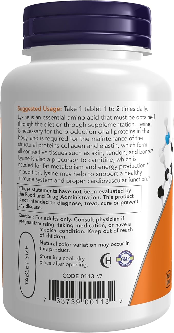 NOW Foods Supplements, (L-Lysine Hydrochloride) 1,000 mg, Double Strength, Amino Acid, 100 Tablets