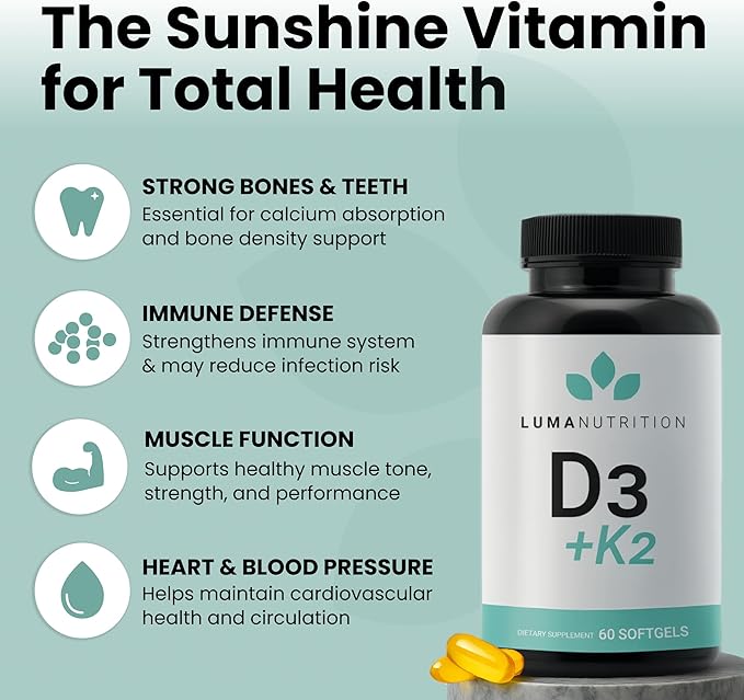 Luma Nutrition D3 + K2 Vitamin 10000 IU - Bone and Heart Health Supplement - Max Strength Immune Support and Calcium Absorption - 60 Softgels